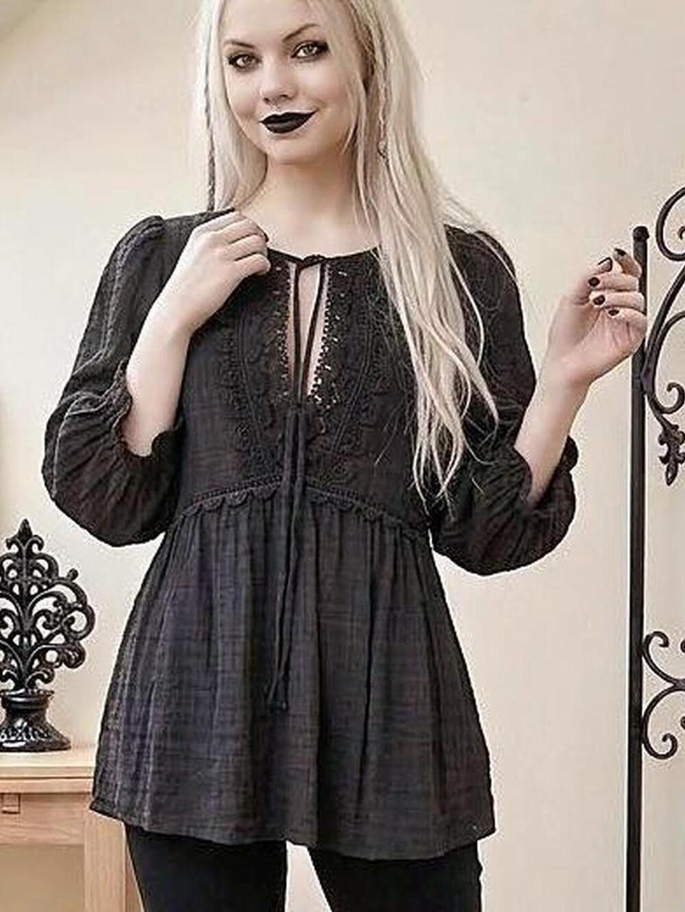 Max Studio Black Boho  Embroidered  Babydoll Blouse Size S